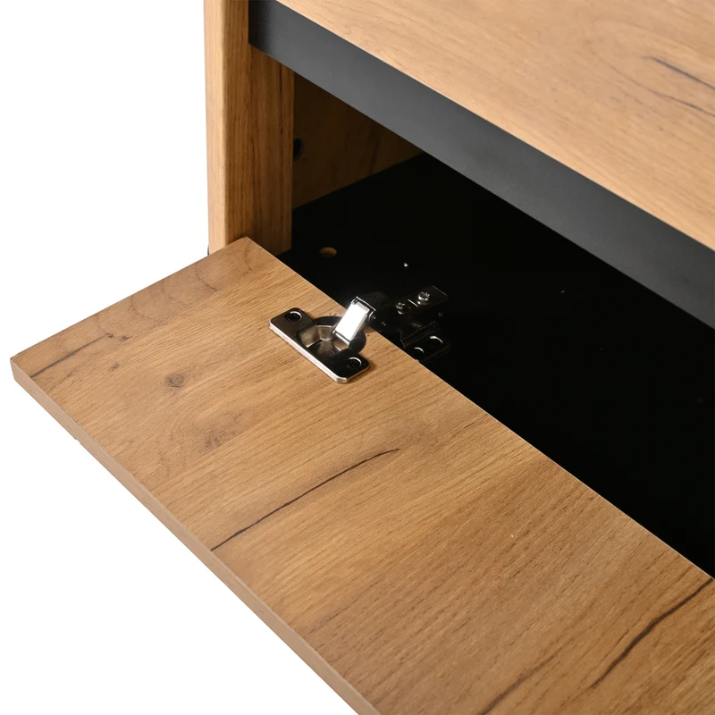 Meuble TV effet chêne naturel 2 tiroirs 2 portes abattantes et 6 pieds en métal 180x40x52cm MODERNDESKHOME