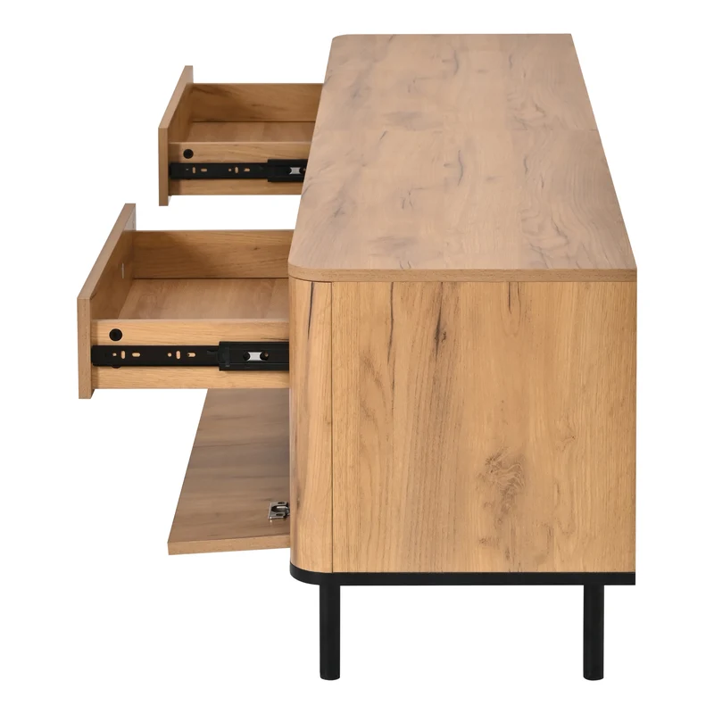 Meuble TV effet chêne naturel 2 tiroirs 2 portes abattantes et 6 pieds en métal 180x40x52cm MODERNDESKHOME