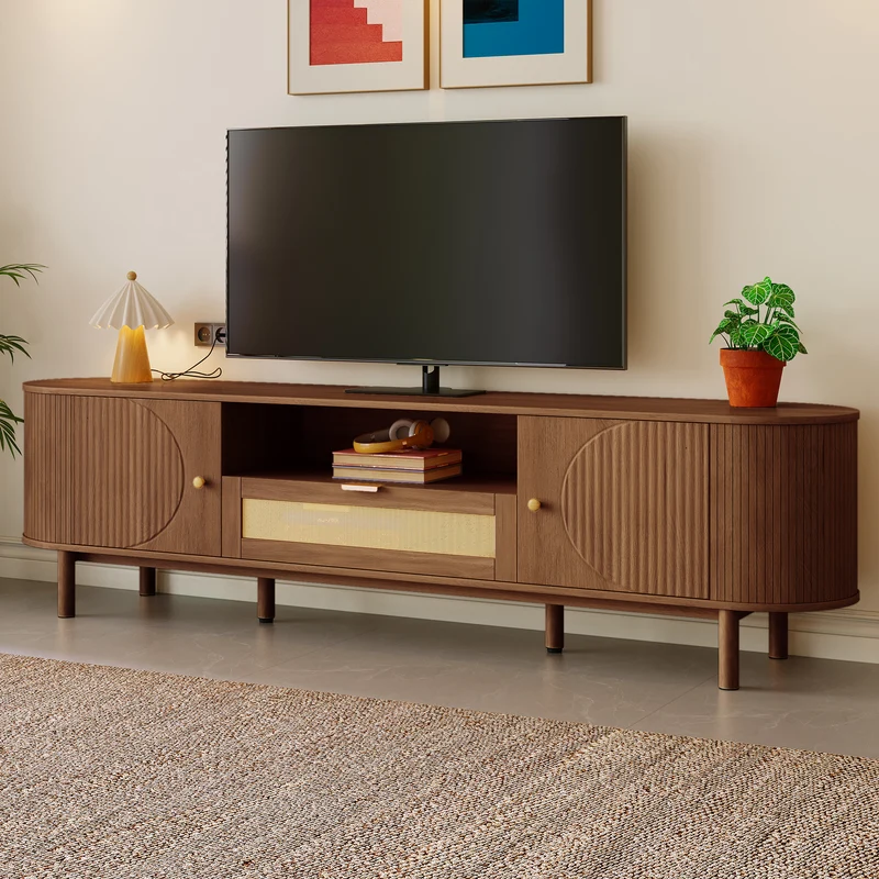 Meuble TV style vintage effet noyer 2 portes 1 tiroir en rotin, 175x36x51cm ETHEREALIRE