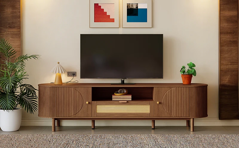 Meuble TV style vintage effet noyer 2 portes 1 tiroir en rotin, 175x36x51cm ETHEREALIRE