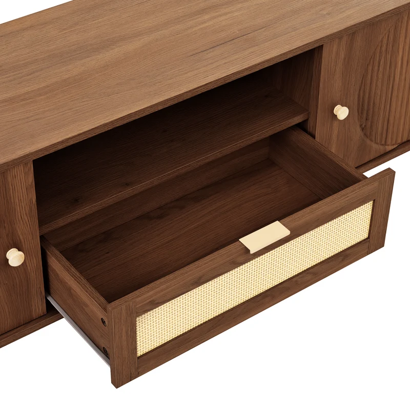 Meuble TV style vintage effet noyer 2 portes 1 tiroir en rotin, 175x36x51cm ETHEREALIRE