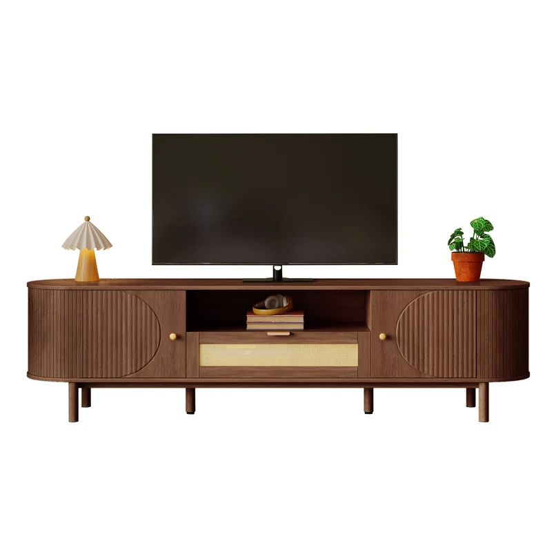 Meuble TV style vintage effet noyer 2 portes 1 tiroir en rotin, 175x36x51cm ETHEREALIRE