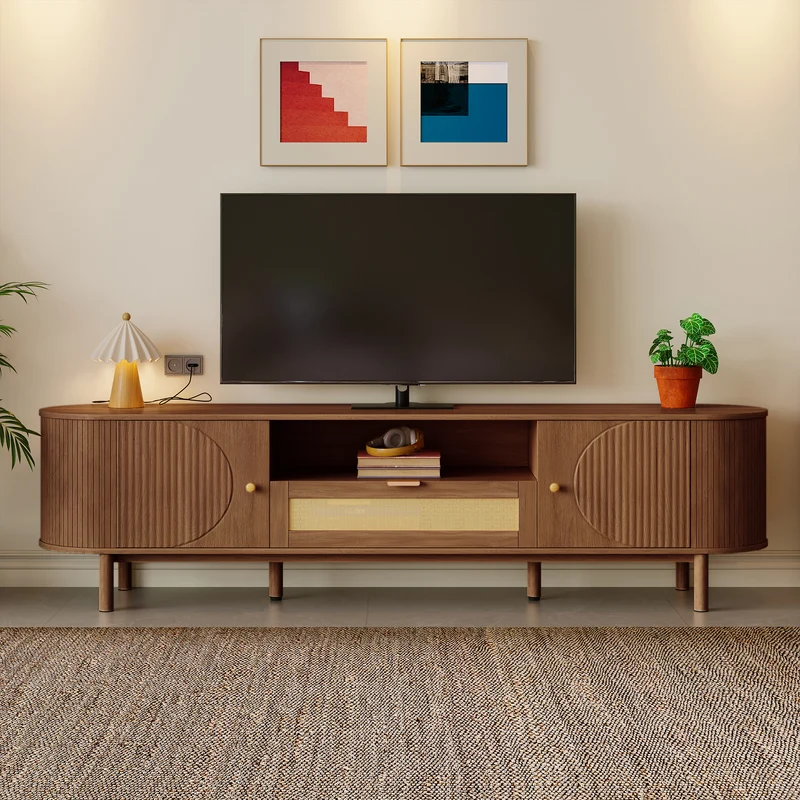 Meuble TV style vintage effet noyer 2 portes 1 tiroir en rotin, 175x36x51cm ETHEREALIRE