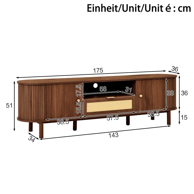 Meuble TV style vintage effet noyer 2 portes 1 tiroir en rotin, 175x36x51cm ETHEREALIRE