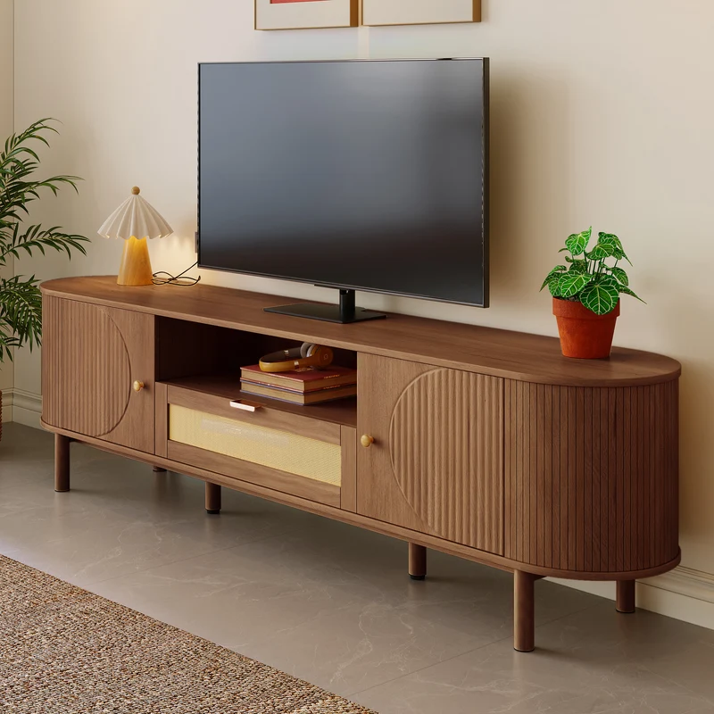Meuble TV style vintage effet noyer 2 portes 1 tiroir en rotin, 175x36x51cm ETHEREALIRE
