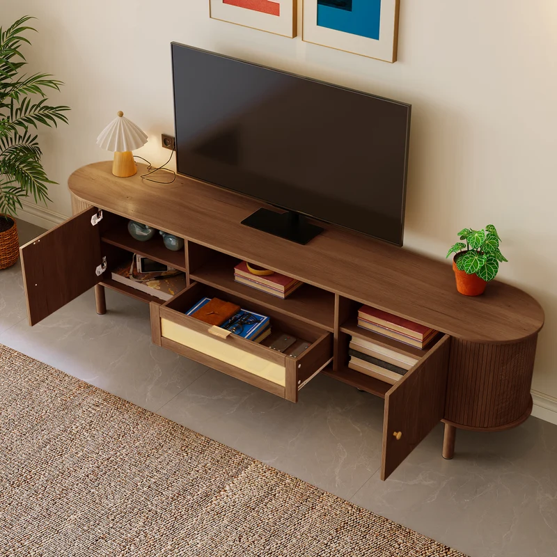 Meuble TV style vintage effet noyer 2 portes 1 tiroir en rotin, 175x36x51cm ETHEREALIRE