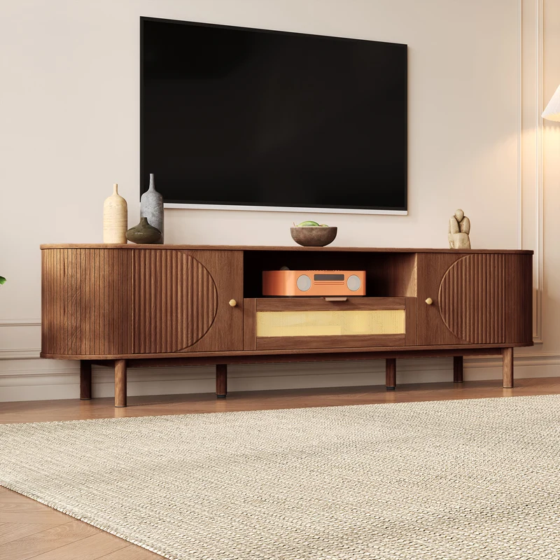 Meuble TV style vintage effet noyer 2 portes 1 tiroir en rotin, 175x36x51cm ETHEREALIRE
