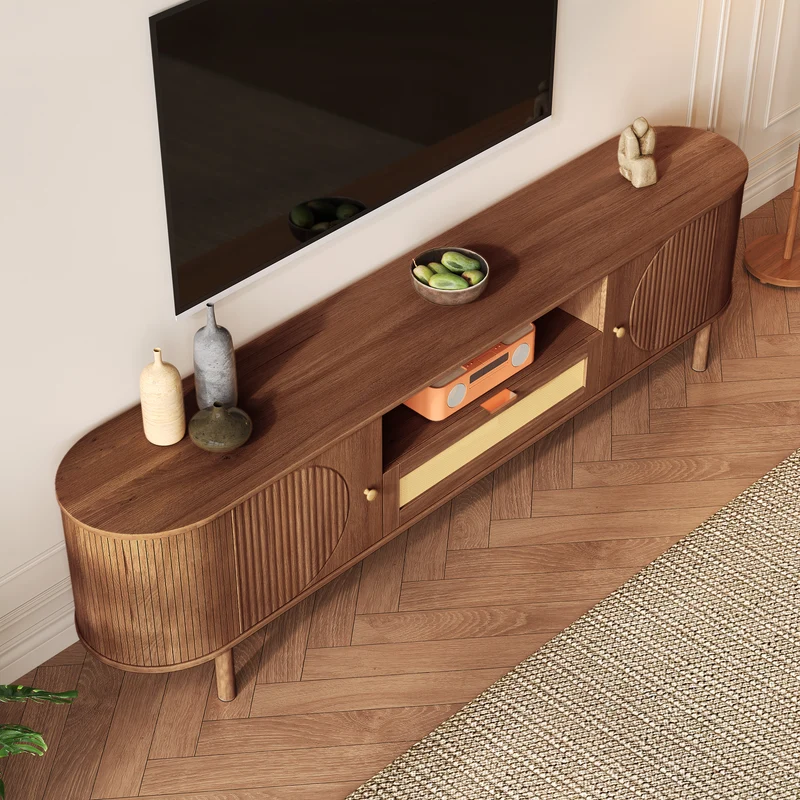 Meuble TV style vintage effet noyer 2 portes 1 tiroir en rotin, 175x36x51cm ETHEREALIRE