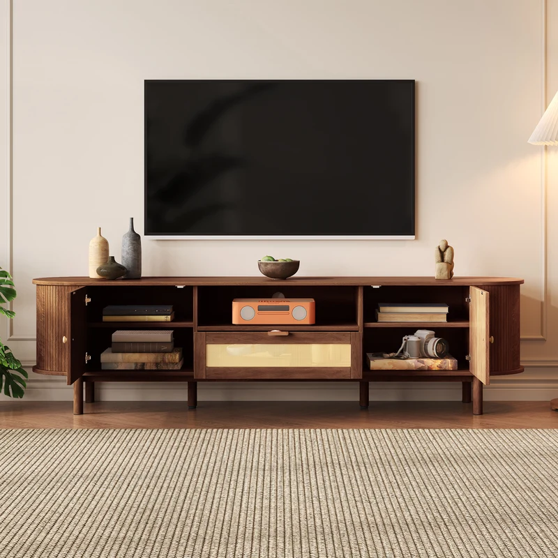 Meuble TV style vintage effet noyer 2 portes 1 tiroir en rotin, 175x36x51cm ETHEREALIRE
