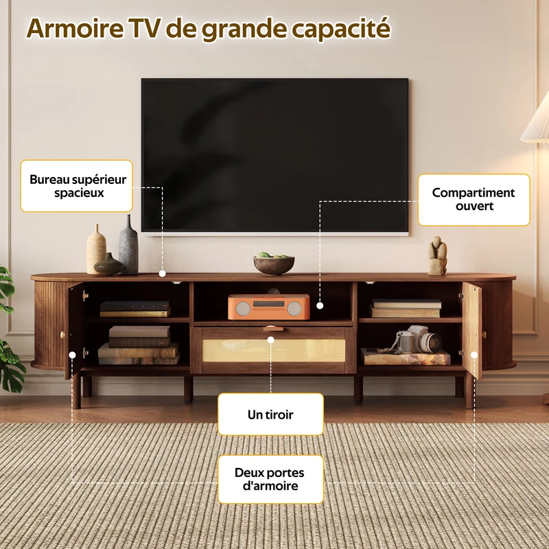 Meuble TV style vintage effet noyer 2 portes 1 tiroir en rotin, 175x36x51cm ETHEREALIRE