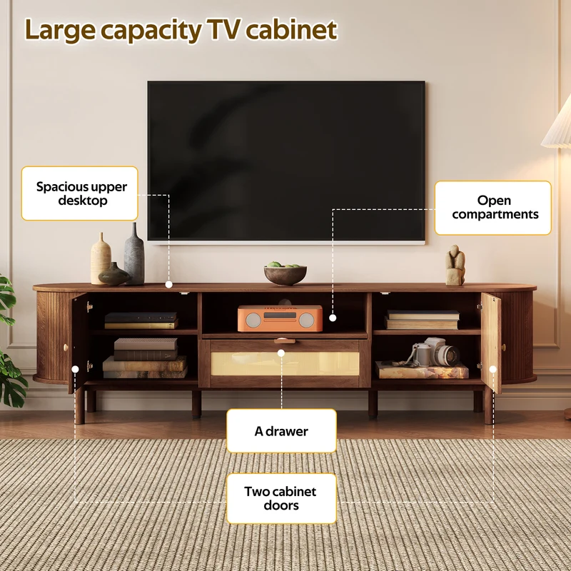 Meuble TV style vintage effet noyer 2 portes 1 tiroir en rotin, 175x36x51cm ETHEREALIRE