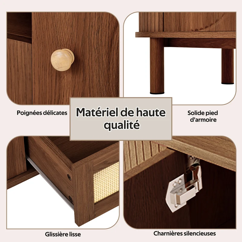 Meuble TV style vintage effet noyer 2 portes 1 tiroir en rotin, 175x36x51cm ETHEREALIRE