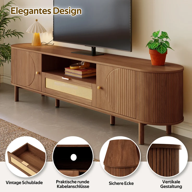 Meuble TV style vintage effet noyer 2 portes 1 tiroir en rotin, 175x36x51cm ETHEREALIRE