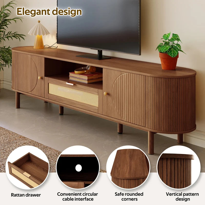Meuble TV style vintage effet noyer 2 portes 1 tiroir en rotin, 175x36x51cm ETHEREALIRE