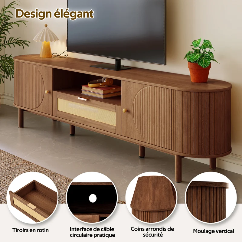 Meuble TV style vintage effet noyer 2 portes 1 tiroir en rotin, 175x36x51cm ETHEREALIRE