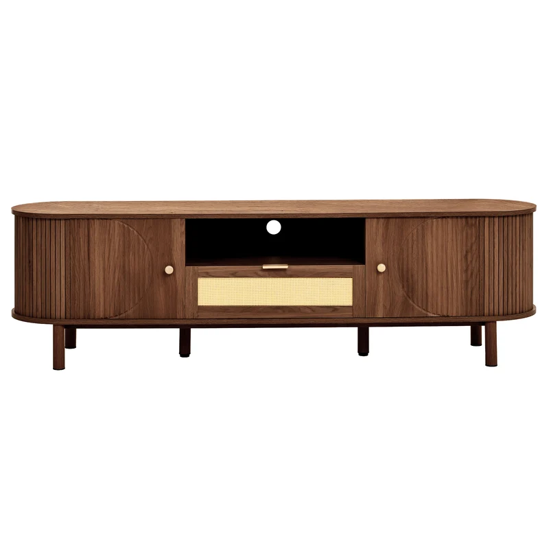 Meuble TV style vintage effet noyer 2 portes 1 tiroir en rotin, 175x36x51cm ETHEREALIRE