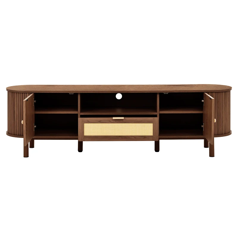 Meuble TV style vintage effet noyer 2 portes 1 tiroir en rotin, 175x36x51cm ETHEREALIRE