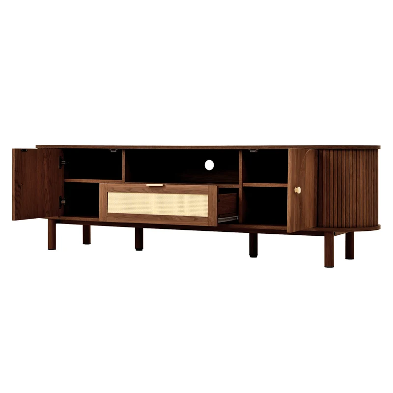 Meuble TV style vintage effet noyer 2 portes 1 tiroir en rotin, 175x36x51cm ETHEREALIRE