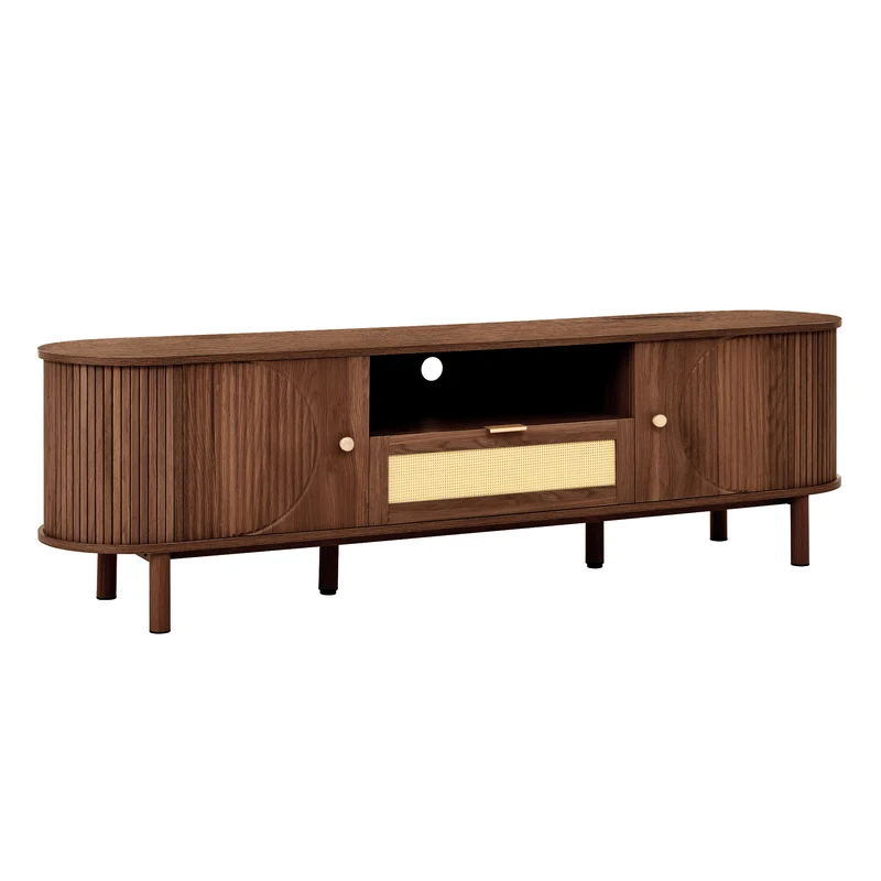 Meuble TV style vintage effet noyer 2 portes 1 tiroir en rotin, 175x36x51cm ETHEREALIRE