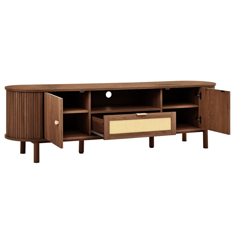Meuble TV style vintage effet noyer 2 portes 1 tiroir en rotin, 175x36x51cm ETHEREALIRE