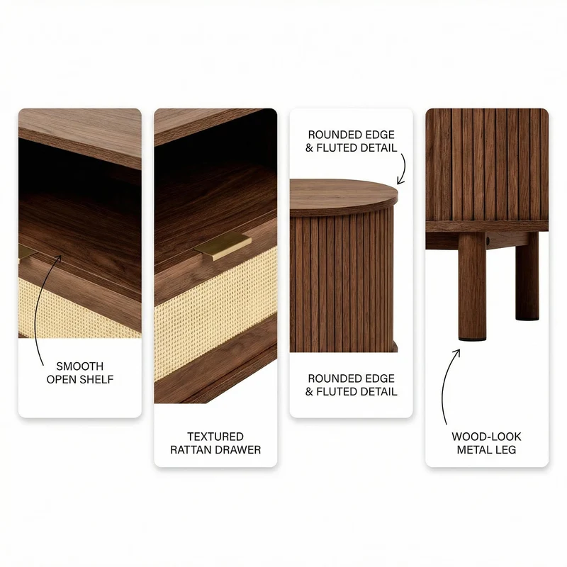 Meuble TV style vintage effet noyer 2 portes 1 tiroir en rotin, 175x36x51cm ETHEREALIRE