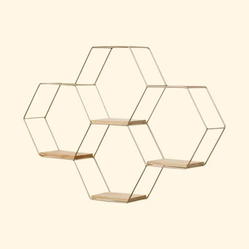 Etagère murale hexagonale métal et bois décorative