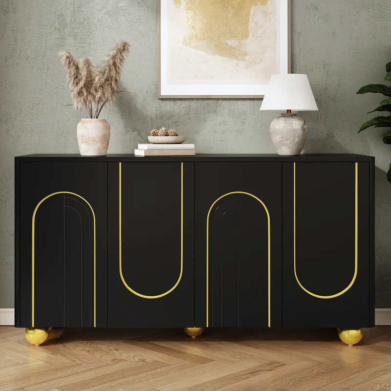 Buffet noir 4 portes motif texturé accents dorés 140x40x74cm MINIMALISTCHESTSET
