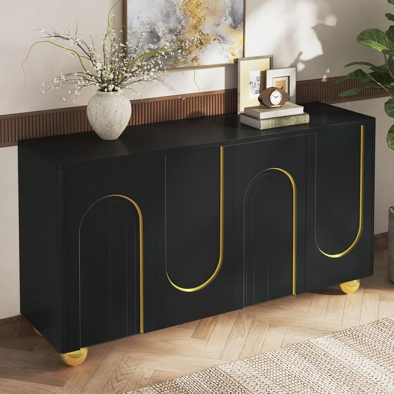 Buffet noir 4 portes motif texturé accents dorés 140x40x74cm MINIMALISTCHESTSET