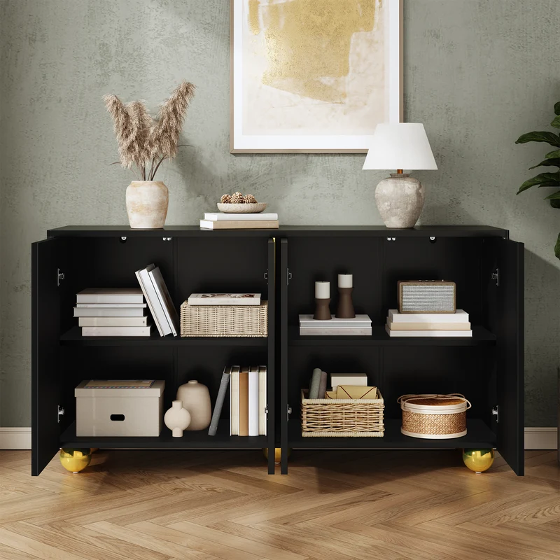 Buffet noir 4 portes motif texturé accents dorés 140x40x74cm MINIMALISTCHESTSET
