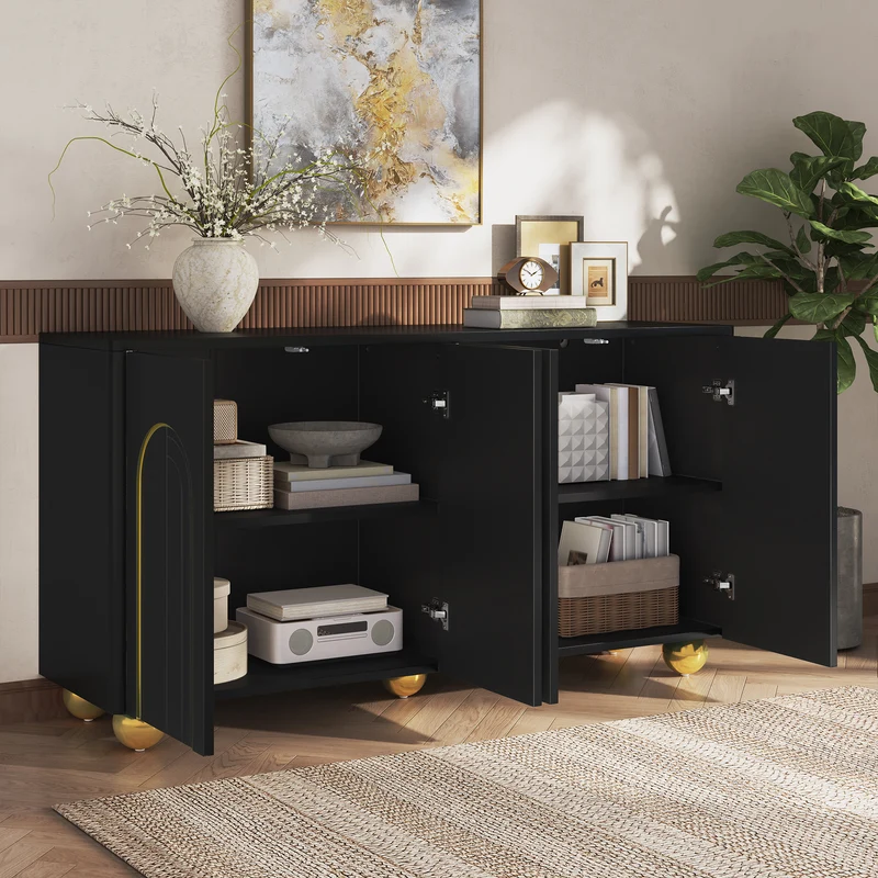 Buffet noir 4 portes motif texturé accents dorés 140x40x74cm MINIMALISTCHESTSET