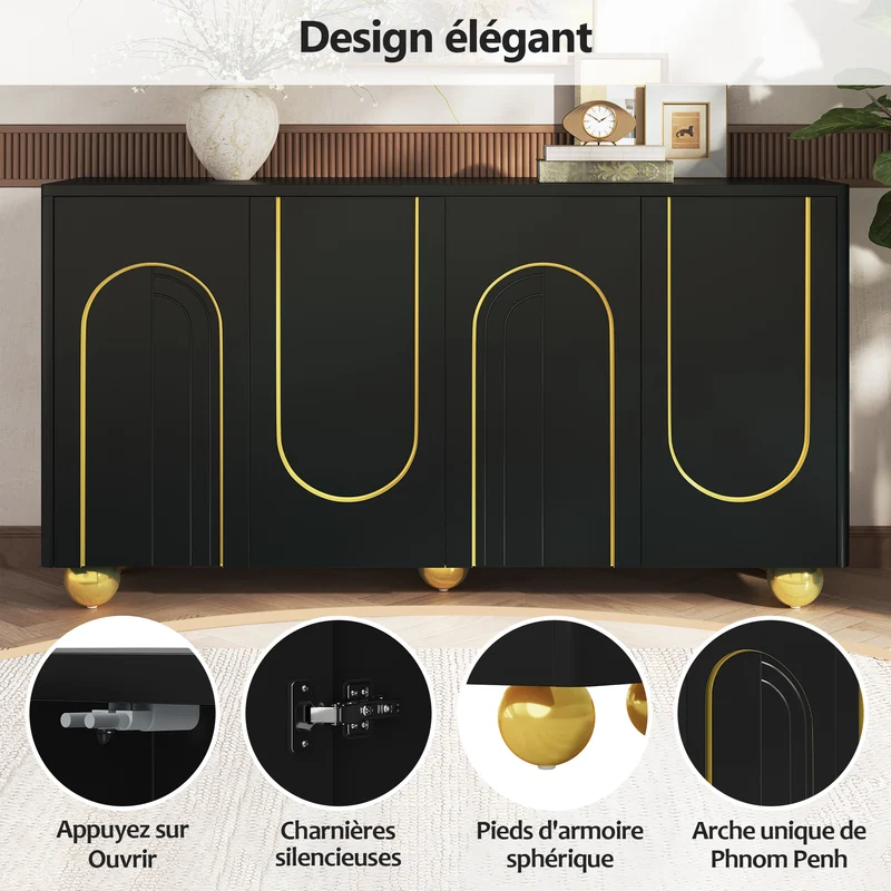 Buffet noir 4 portes motif texturé accents dorés 140x40x74cm MINIMALISTCHESTSET