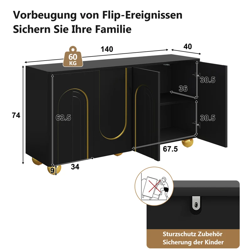 Buffet noir 4 portes motif texturé accents dorés 140x40x74cm MINIMALISTCHESTSET