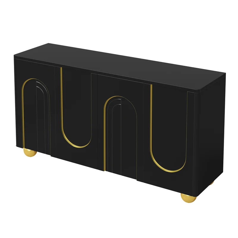 Buffet noir 4 portes motif texturé accents dorés 140x40x74cm MINIMALISTCHESTSET