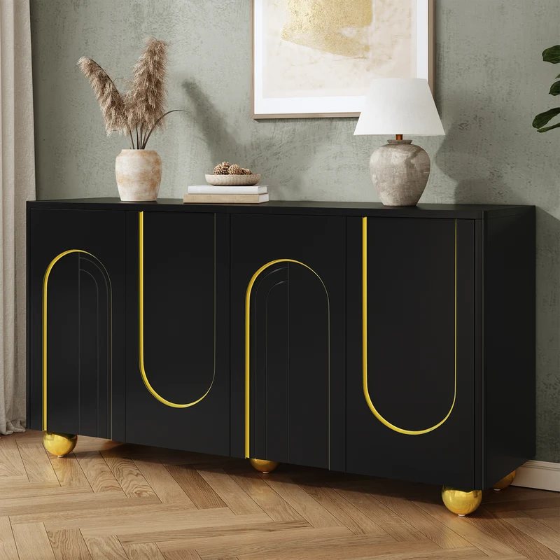 Buffet noir 4 portes motif texturé accents dorés 140x40x74cm MINIMALISTCHESTSET