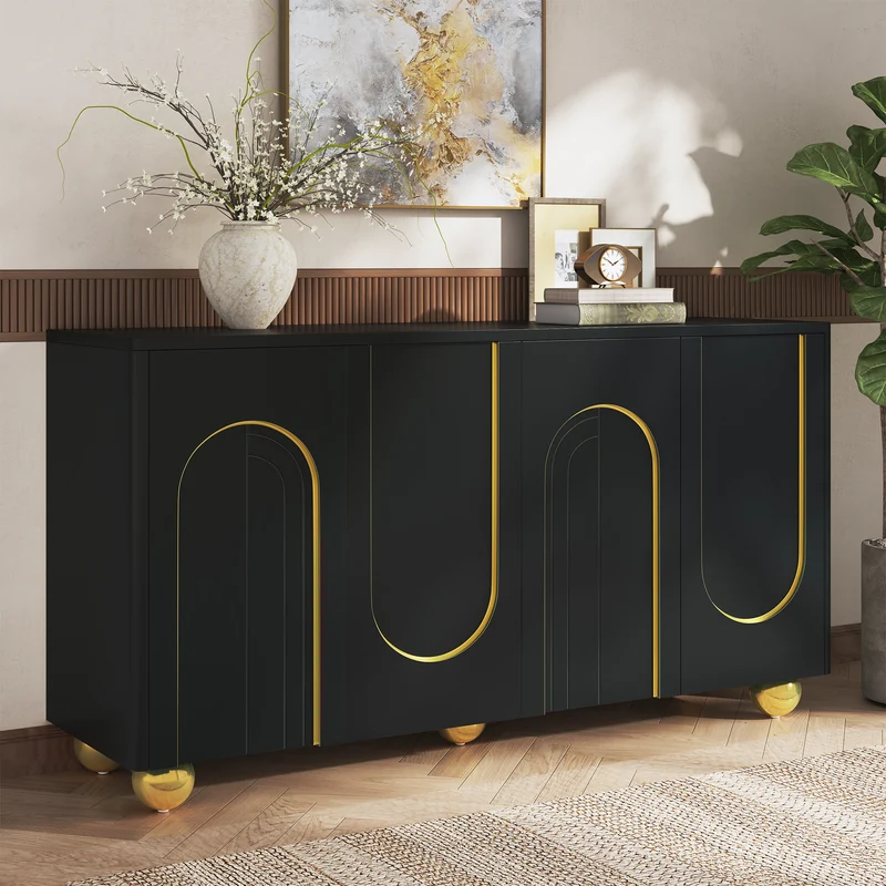 Buffet noir 4 portes motif texturé accents dorés 140x40x74cm MINIMALISTCHESTSET