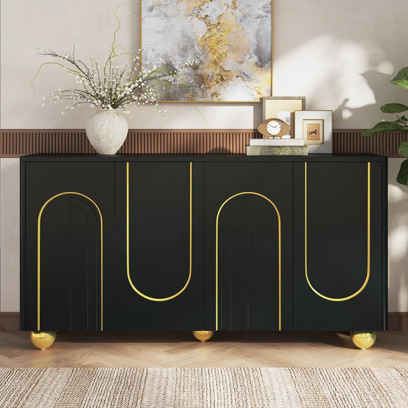 Buffet noir 4 portes motif texturé accents dorés 140x40x74cm MINIMALISTCHESTSET