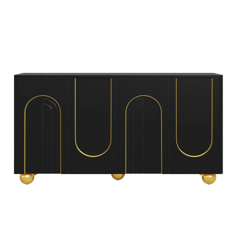 Buffet noir 4 portes motif texturé accents dorés 140x40x74cm MINIMALISTCHESTSET