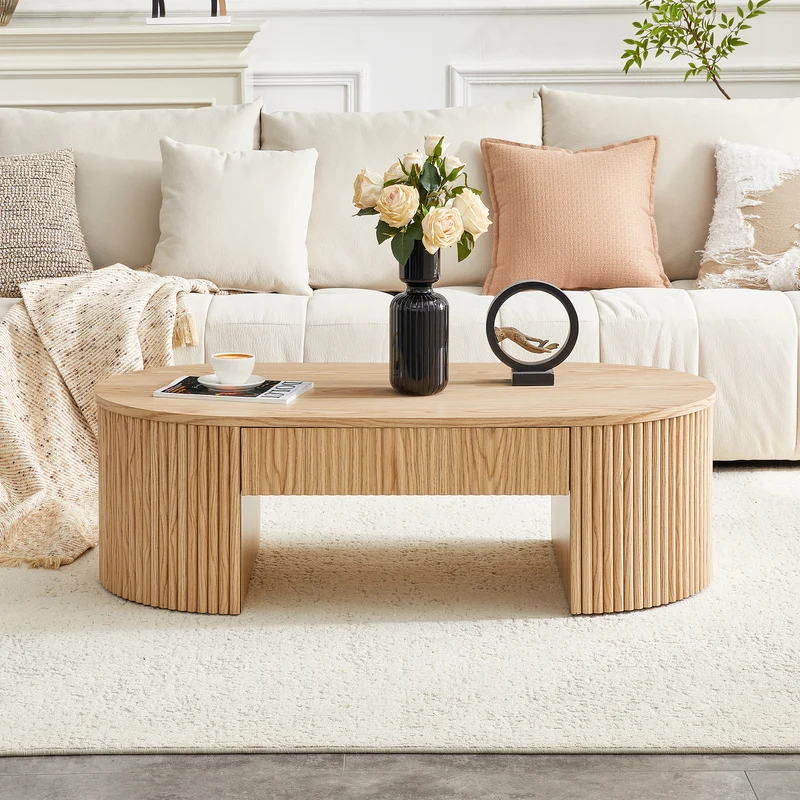 Table basse ovale en chêne clair avec grand tiroir et rainures flûtées verticales 105x 54x38cm MINIMALISTCURTAINART