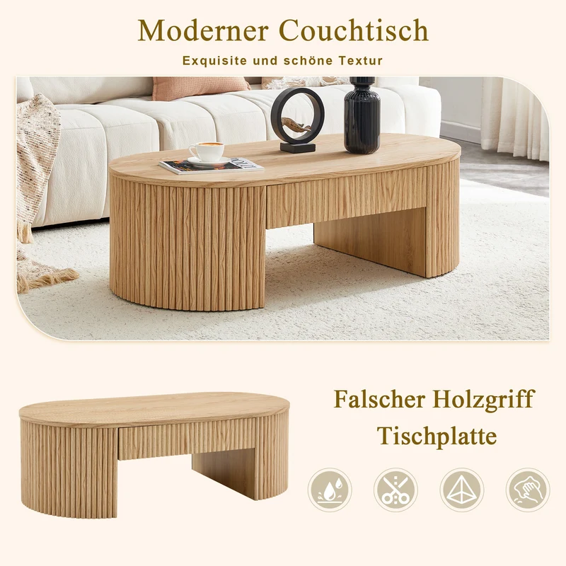 Table basse ovale en chêne clair avec grand tiroir et rainures flûtées verticales 105x 54x38cm MINIMALISTCURTAINART
