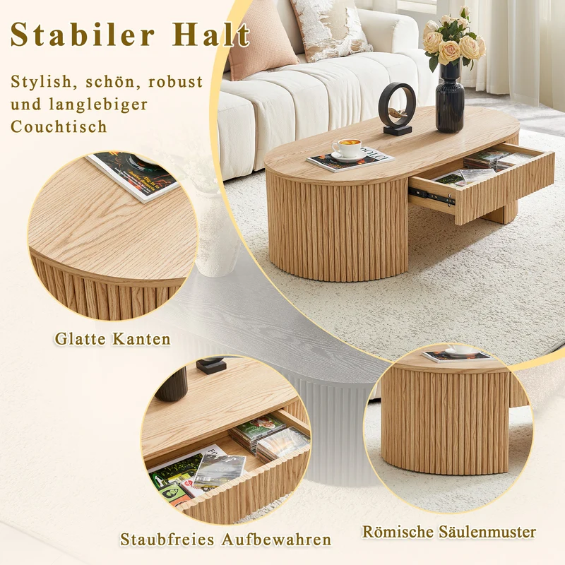 Table basse ovale en chêne clair avec grand tiroir et rainures flûtées verticales 105x 54x38cm MINIMALISTCURTAINART