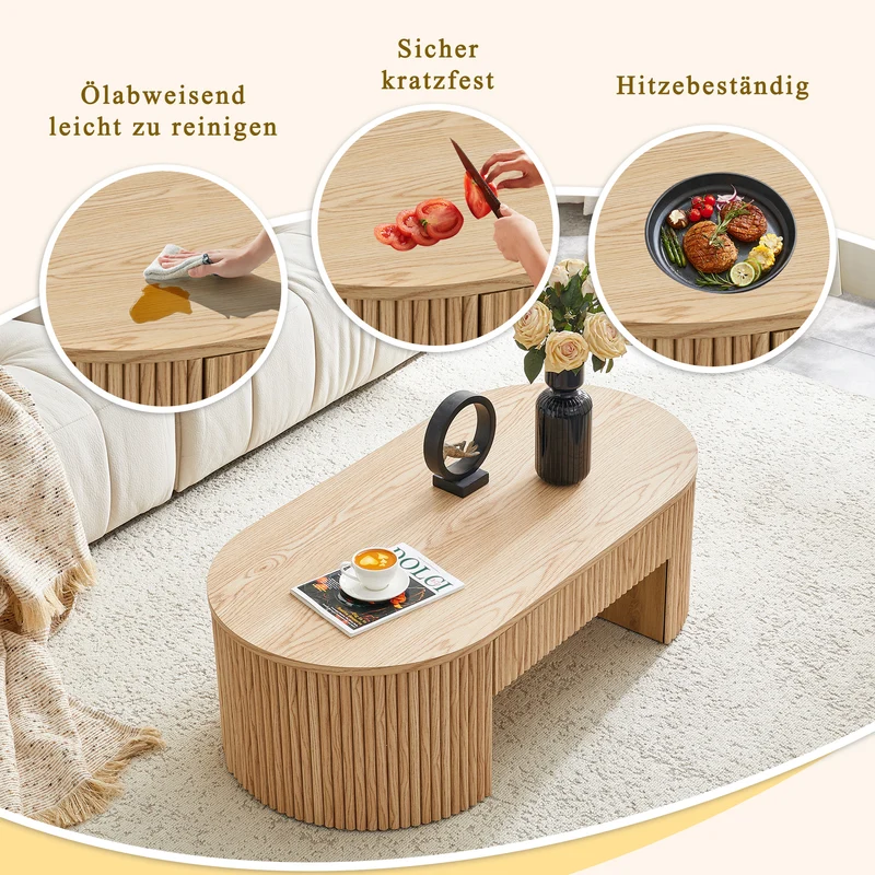 Table basse ovale en chêne clair avec grand tiroir et rainures flûtées verticales 105x 54x38cm MINIMALISTCURTAINART