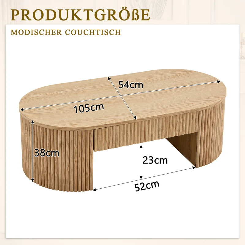 Table basse ovale en chêne clair avec grand tiroir et rainures flûtées verticales 105x 54x38cm MINIMALISTCURTAINART