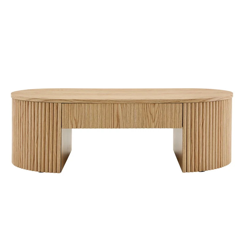 Table basse ovale en chêne clair avec grand tiroir et rainures flûtées verticales 105x 54x38cm MINIMALISTCURTAINART