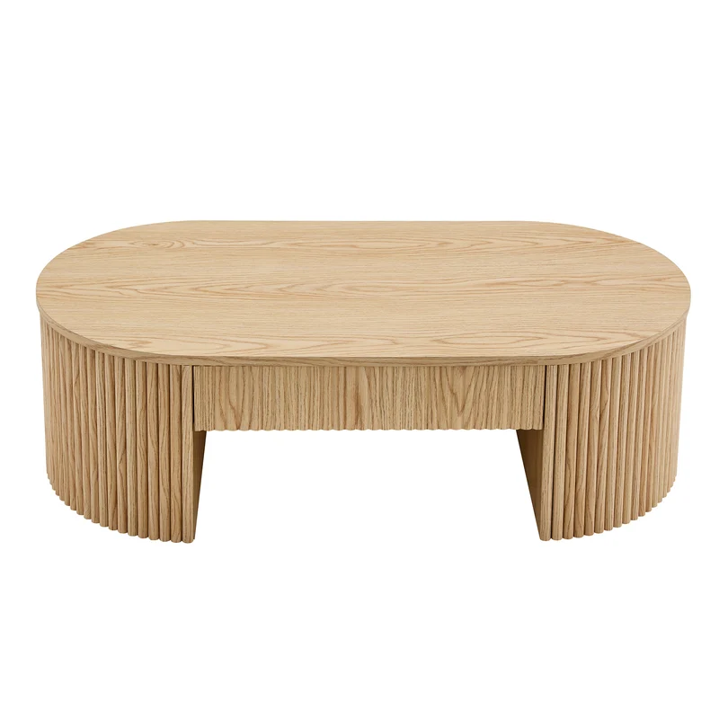 Table basse ovale en chêne clair avec grand tiroir et rainures flûtées verticales 105x 54x38cm MINIMALISTCURTAINART
