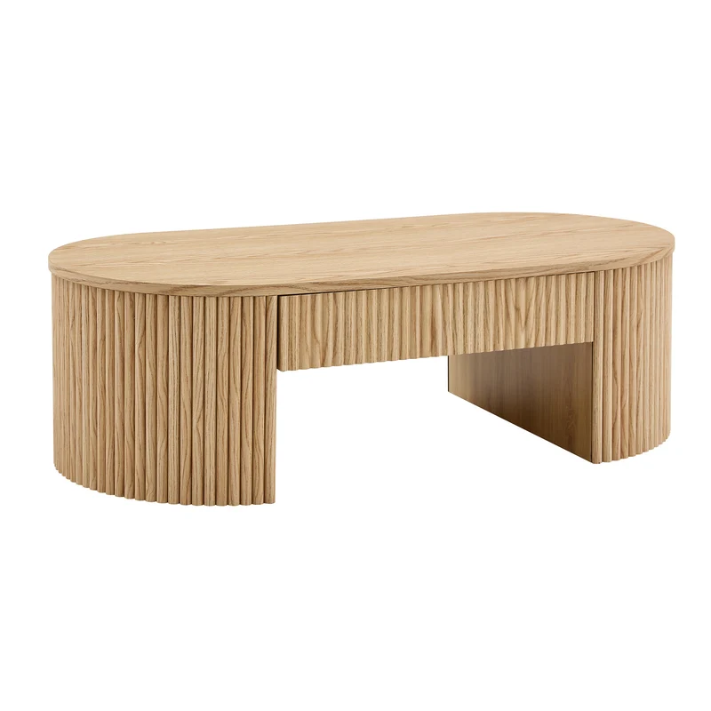 Table basse ovale en chêne clair avec grand tiroir et rainures flûtées verticales 105x 54x38cm MINIMALISTCURTAINART