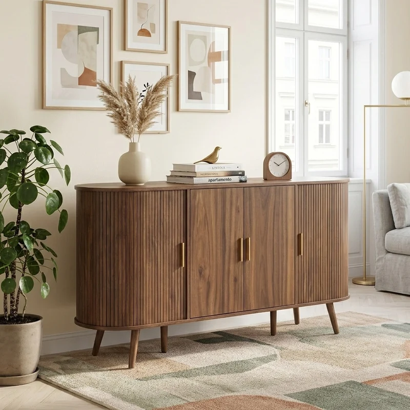 Buffet effet noyer avec portes coulissantes, design arrondi à rainures verticales accents dorés MINIMALISTCONTAINERS