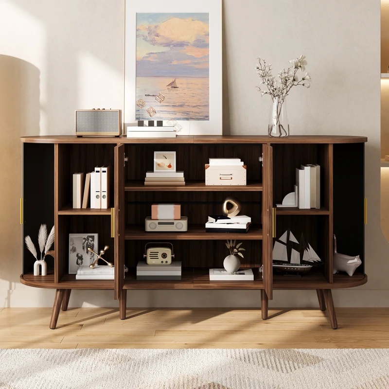 Buffet effet noyer avec portes coulissantes, design arrondi à rainures verticales accents dorés MINIMALISTCONTAINERS