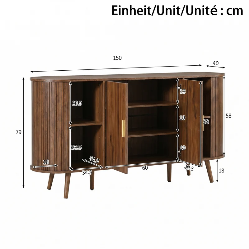 Buffet effet noyer avec portes coulissantes, design arrondi à rainures verticales accents dorés MINIMALISTCONTAINERS