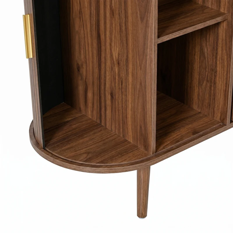 Buffet effet noyer avec portes coulissantes, design arrondi à rainures verticales accents dorés MINIMALISTCONTAINERS