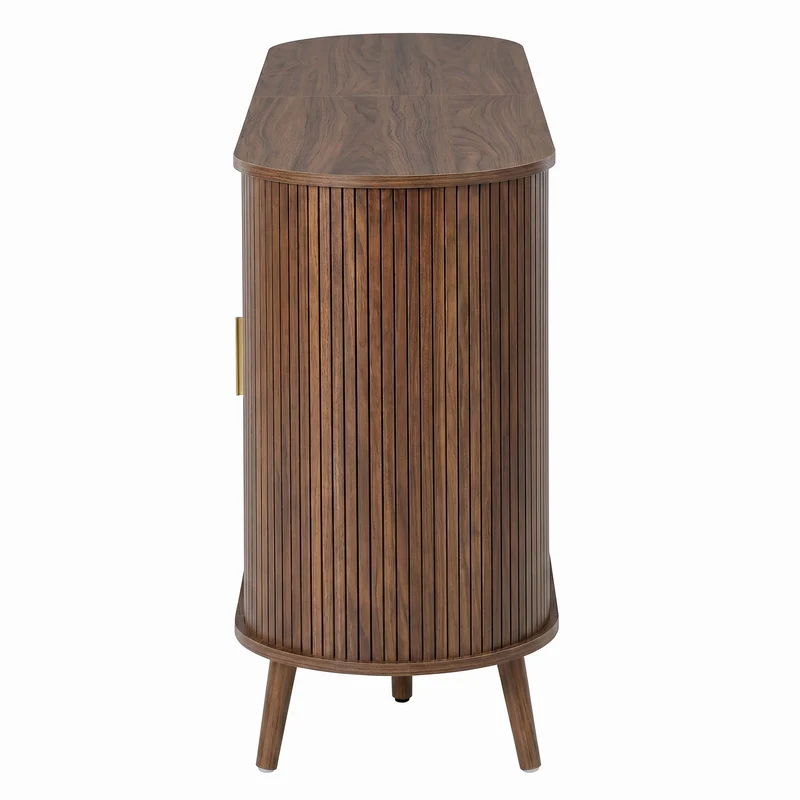 Buffet effet noyer avec portes coulissantes, design arrondi à rainures verticales accents dorés MINIMALISTCONTAINERS